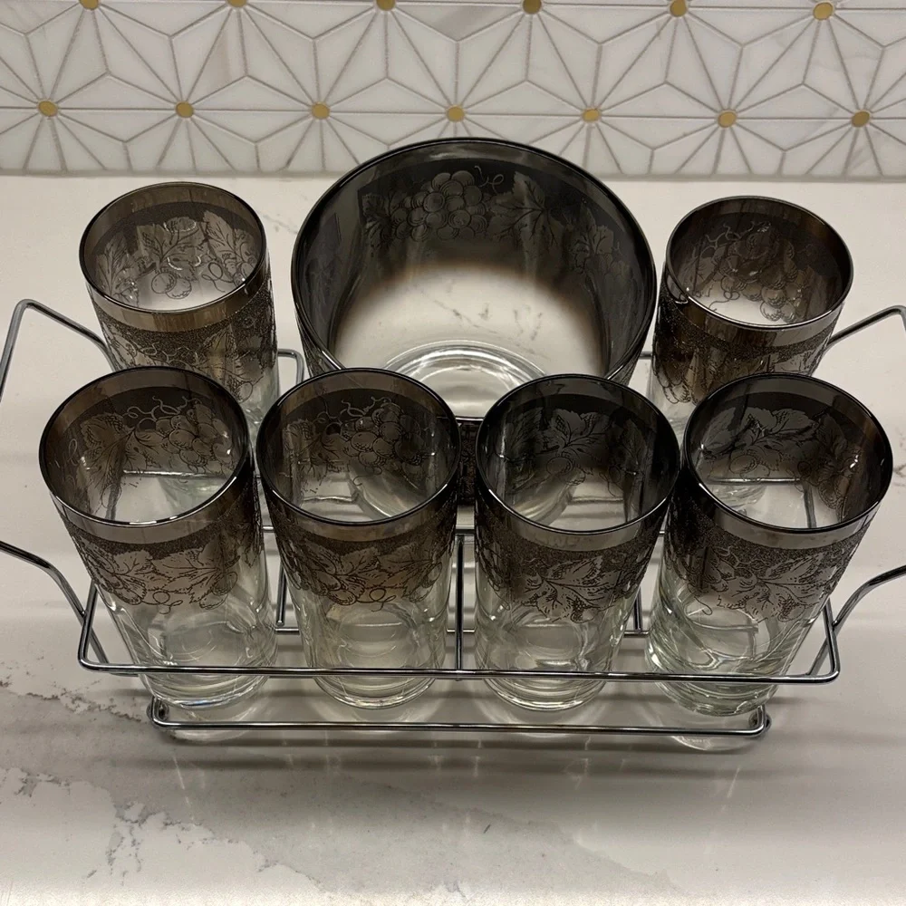 MCM Dorothy Thorpe Grape Pattern Silver Fade Ice Bucket & Six 12 Oz. Tumblers